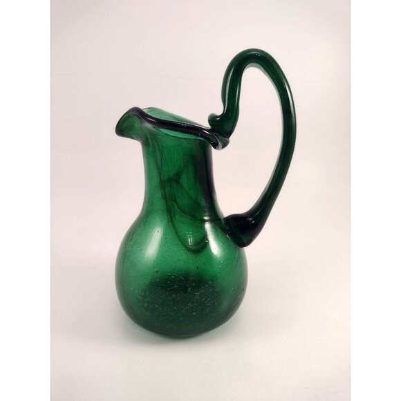 Vintage Hand-Blown Emerald Green Glass Pitcher Vase Jug Curved Handle SIGNED - Picture 3 of 11